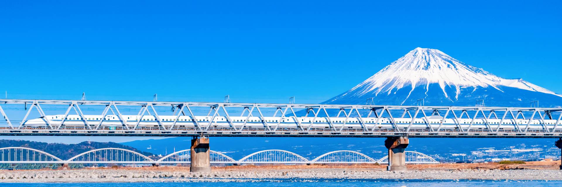 Bullet train passing Mount Fuji and the Fujikawa bridge1