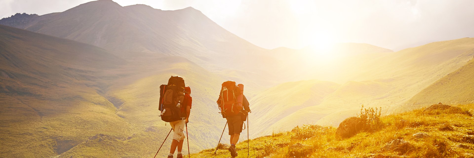 hikers on the trail in the Caucasian mountains