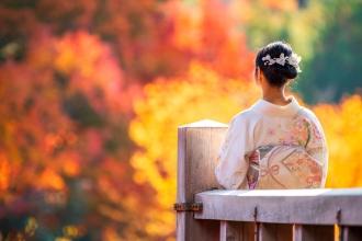 Woman wearing yukata with autumn maple leaves landscape at Kiyomizudera Temple