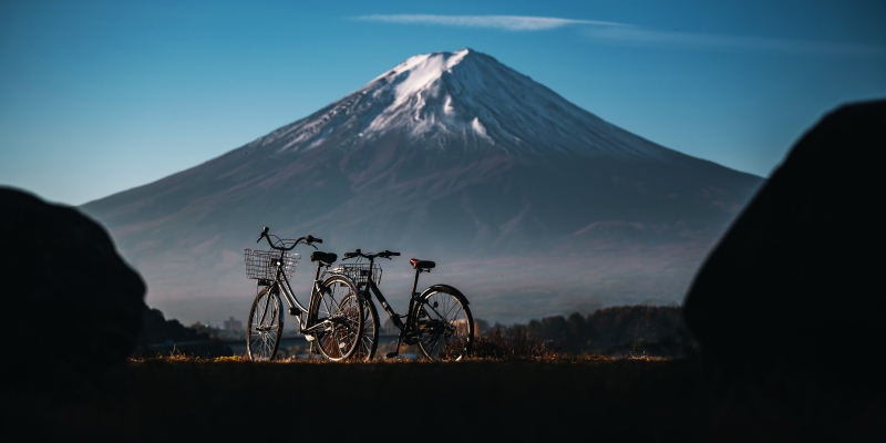 Mt. Fuji over Lake Kawaguchiko with bicycle